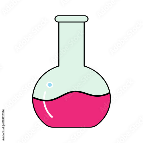 A vibrant illustration of a chemical round-bottom flask containing a pink solution, representing laboratory equipment for scientific research and chemical experiments