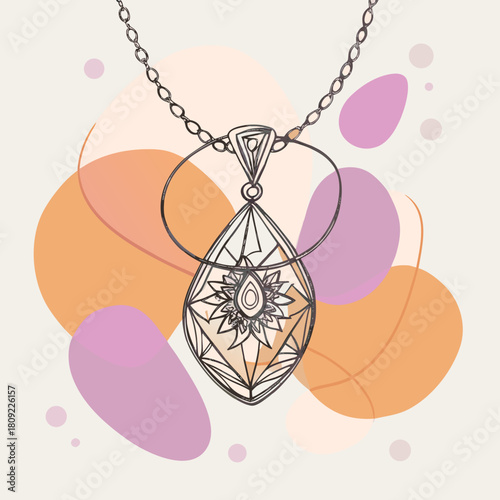 Elegant teardrop pendant necklace with a delicate floral design, suspended from a dainty chain, set against a backdrop of soft pastel hues, creating a visually appealing and artistic composition