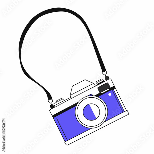 Modern blue camera with strap on a sleek vector illustration of a digital camera with lens, shutter button, and flash, ideal for photography projects