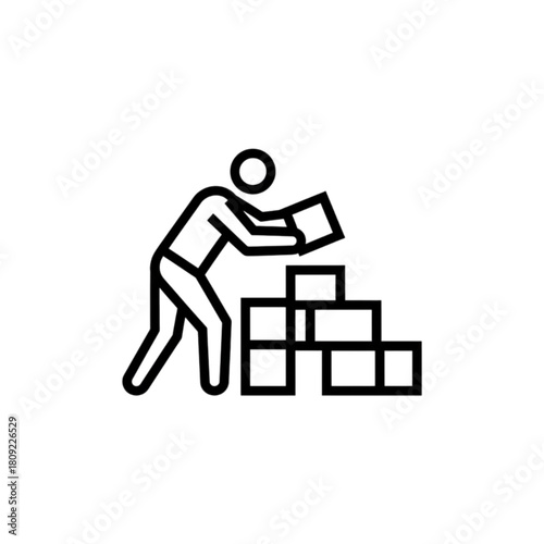 A clean minimalist vector image of a warehouse worker carefully placing cardboard boxes onto high shelves in a professional storage room
