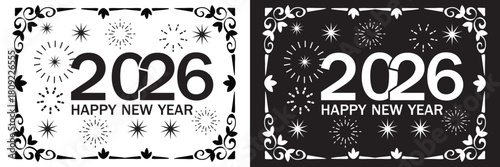 Happy 2026 New Year decorative vector icons A set of 2026 designs featuring bold numerals, festive ornaments, and contrasting light–dark color themes for celebration graphicsEPS10/AI.
