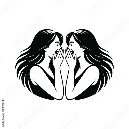 Two women whispering secrets with flowing hair gossip