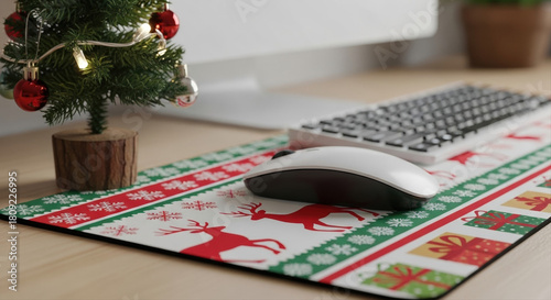 Computer mouse on desk with festive mousepad underneath. Small Christmas tree and keyboard edge visible. Festive holiday email signature banner design, red green decor