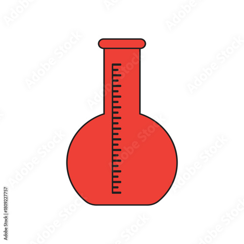 A red laboratory volumetric flask icon for scientific experiments. Vector illustration of chemical research glassware with a measurement scale