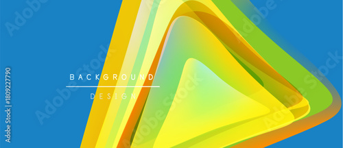 Abstract vibrant layers create dynamic triangle shape. Blue backdrop complements warm yellow, orange, green hues. Modern design element.