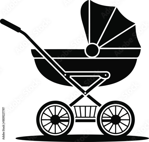 Black silhouette of a vintage baby carriage on white