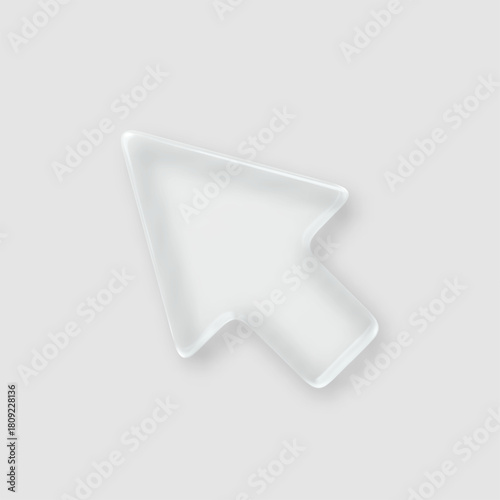 3D glass cursor with transparent crystal effect. Glossy mouse pointer icon with glassmorphism design, abstract arrow shape for modern UI elements and tech interface illustration