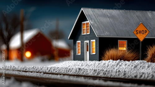 Fototapeta Naklejka Na Ścianę i Meble -  Snow-covered countryside scene with a shop sign near a dark blue house during blue hour and gentle snowfall
