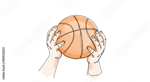 Child hands holding basketball ball sport game activity concept one line minimalist illustration with watercolor fill, trendy vector