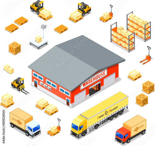 Warehouse Storage and Delivery Isometric Icons Set