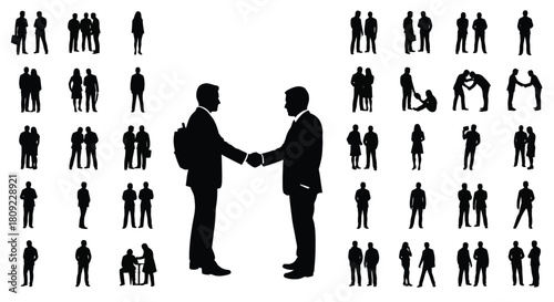 Silhouettes of people interacting and a handshake representing agreement