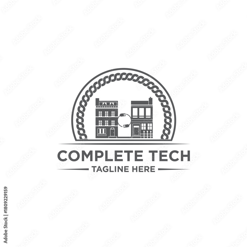 Fototapeta premium Vintage Monochrome Tech Repair Logo with Building Frame and Wires, suitable for both modern and old tech companies