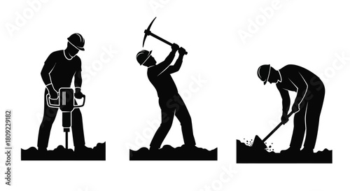 Silhouettes of construction workers using various tools for excavation work