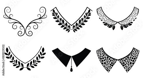 An assortment of decorative collar designs in black and white illustrations