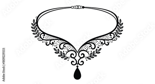 Elegant black and white illustration of a detailed floral necklace design