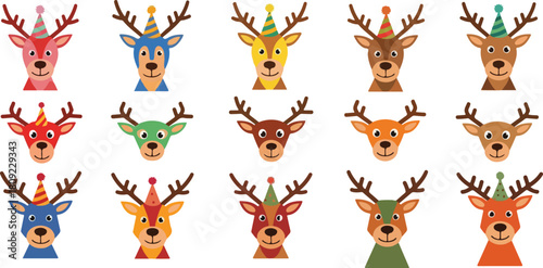 Festive Reindeer Heads with Party Hats in a Colorful Display.
