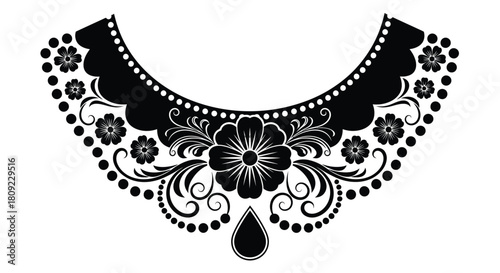 Elegant black floral necklace design with detailed ornamental patterns and swirls