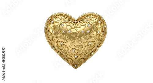 Ornate antique gold heart shaped locket with intricate filigree design isolated on transparent background