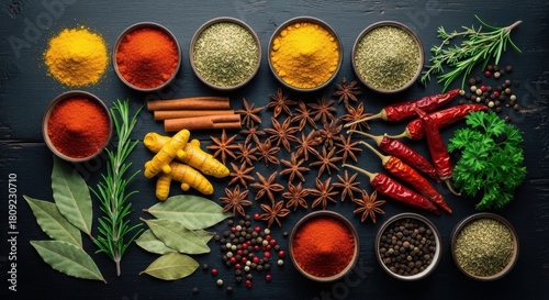 Colorful array of aromatic spices and herbs on dark wooden surface.