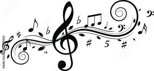 Musical notes and symbols on a decorative flowing line design.