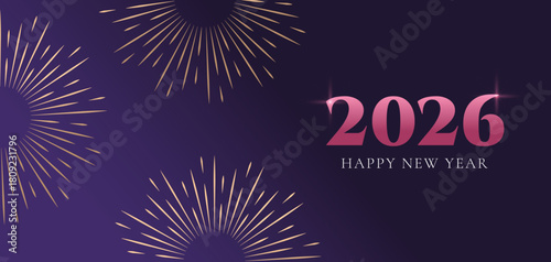 New Year 2026 Celebration Banner with Golden Fireworks on Purple Background