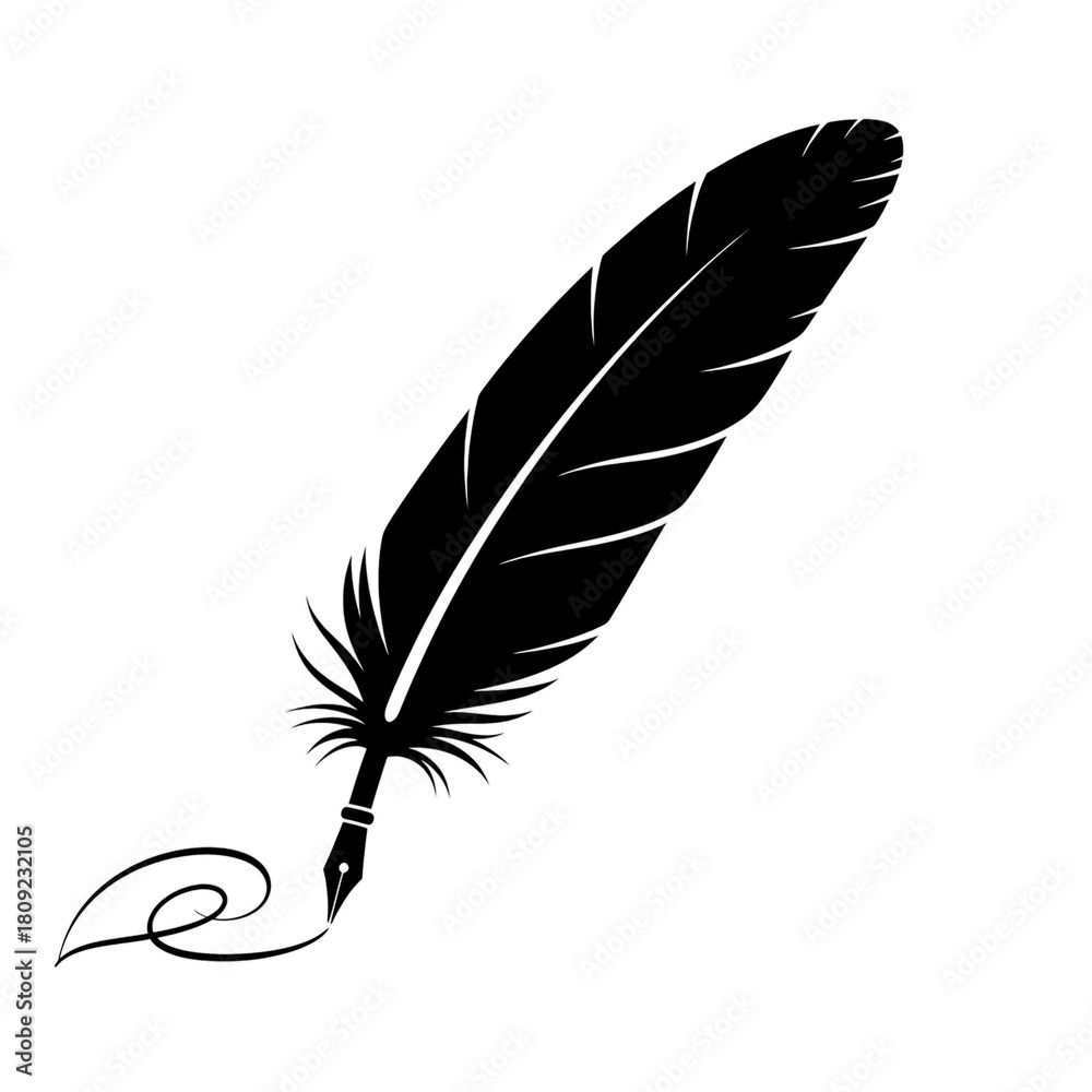 Fototapeta premium Watercolor Feather Quill Writing Swirl isolated on a transparent background