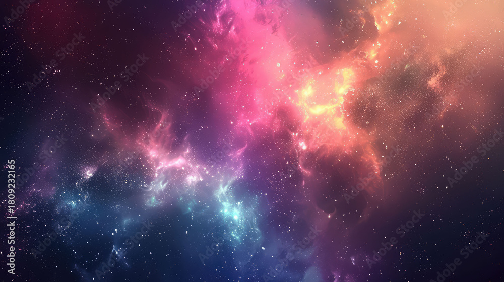 Fototapeta premium Stellar cloud abstract with soft cosmic dust, glowing haze and radiant nebula colors. Dream-like artistic space background for digital projects, branding and creative visuals
