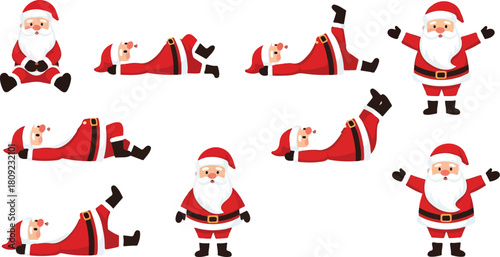 Santa Claus in various poses celebrating Christmas with joy and happiness.