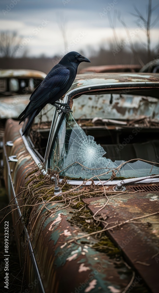 Fototapeta premium Dark bird perches upon the roof of a heavily rusted and abandoned automobile in a salvage yard