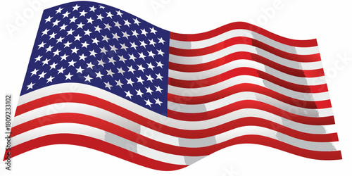 Waving american flag illustration with stripes and stars on white background