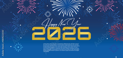 Modern New Year 2026 Banner with Colorful Blue and Pink Fireworks