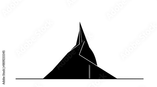 Minimal black silhouette design of a sleek futuristic building with sharp geometric lines and angular shapes, flat two-dimensional appearance with no depth or shading, set against a clean and simple b