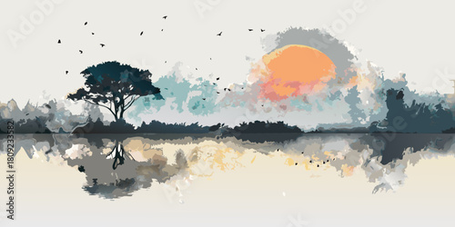 Abstract landscape with tree birds and sunset reflected in water
