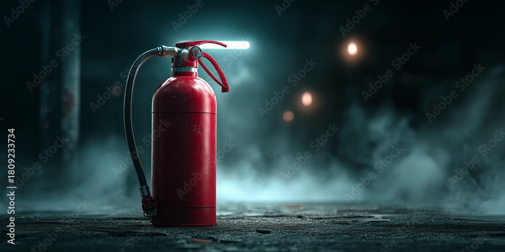 Obraz premium A red fire extinguisher glows in a dark, foggy setting, symbolizing safety, preparedness, and urgency. The image conveys caution, protection, and stark contrast.