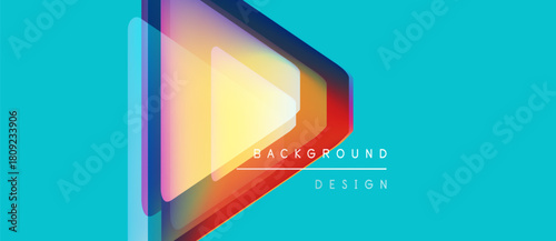 Abstract geometric design. Vibrant turquoise backdrop features layered triangles, gradients, text elements. Modern, clean aesthetic.