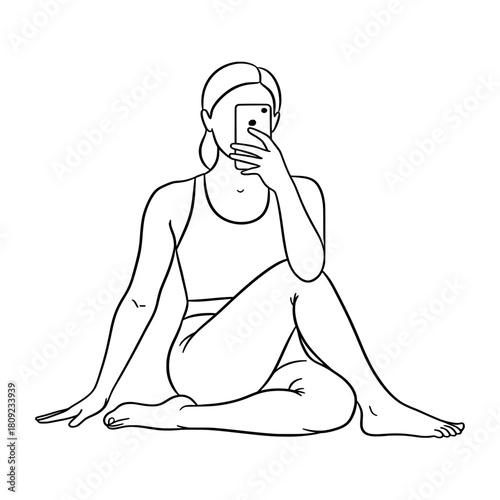 Minimalist line art illustration of a woman in a comfortable seated pose, holding a smartphone to take a selfie. This graphic represents modern lifestyle, self-care, and digital self-expression