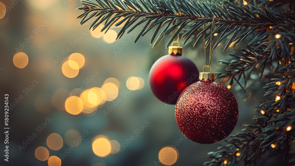 Obraz premium two red Christmas ornaments hanging on an evergreen tree branch with blurred background lights