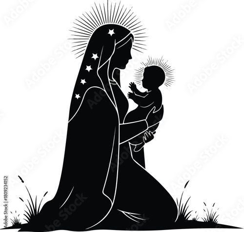 Silhouette of Mother Mary holding baby Jesus a religious depiction.