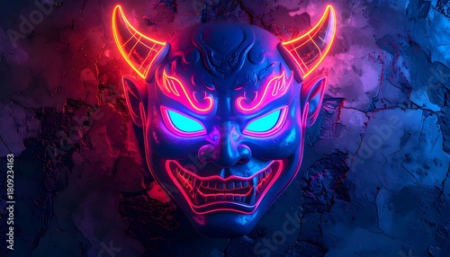 Glowing neon demon mask on cracked concrete wall in red and blue hues, stylized and dramatic lighting scheme
