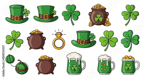 Collection of St. Patrick's Day themed illustrations, including leprechauns, pots of gold, and shamrocks.
