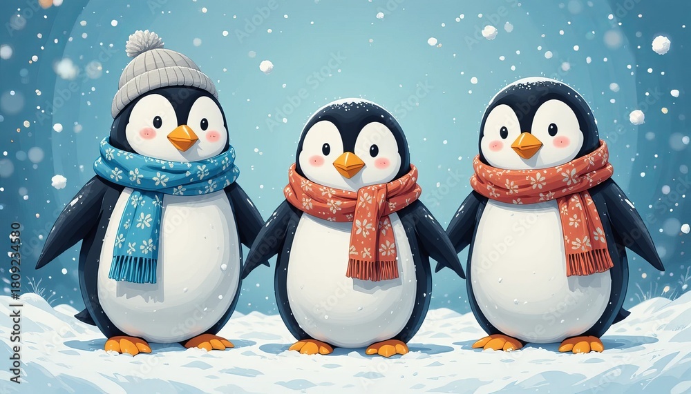 Fototapeta premium Three adorable penguins dressed for winter enjoying a snowy day together outdoors