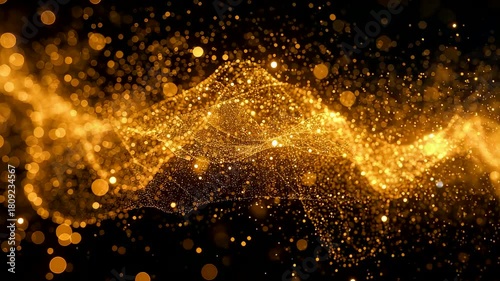 Golden shimmering particle waves forming an abstract flowing pattern with sparkling lights and dynamic motion across a dark cinematic surface