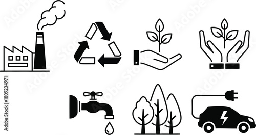 WebEnvironmental Icon Set – Black and White Symbols of Sustainability, Pollution, Conservation, Recycling, and Clean Energy