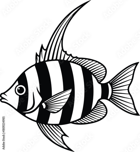 Striking black and white striped fish illustration perfect for aquatic themes and designs.