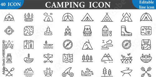Camping icon set isolated on white background with editable line icons