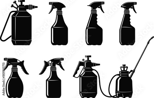 “Collection of black silhouette spray bottles and pressure sprayers, detailed vector illustration of cleaning tools, gardening equipment, misting containers, and household liquid dispensers”