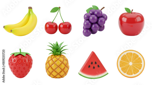 A colorful assortment of various cartoon-style fruits isolated on a plain white background.