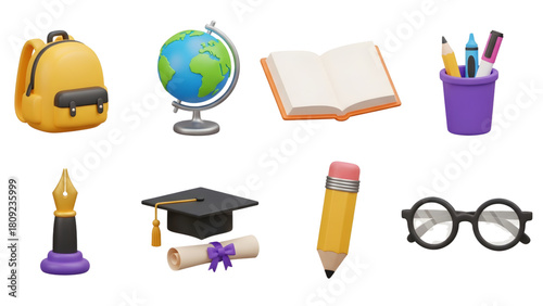 Collection of various school-related objects, including a backpack, globe, book, and pencils.