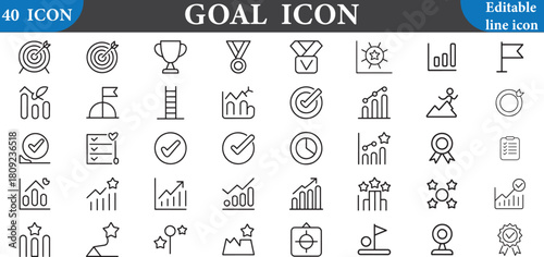 Goal icon set, editable line icon isolated on white background vector