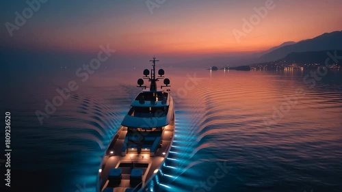 Impressive superyacht navigating glowing waters during a warm atmospheric sunset